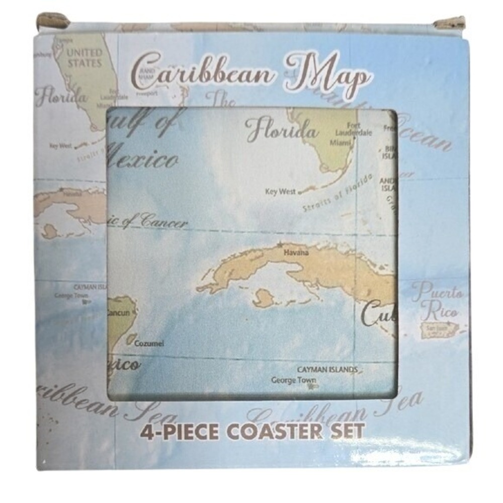 Caribbean Map 4‎ Coaster Set, 4"x4", New